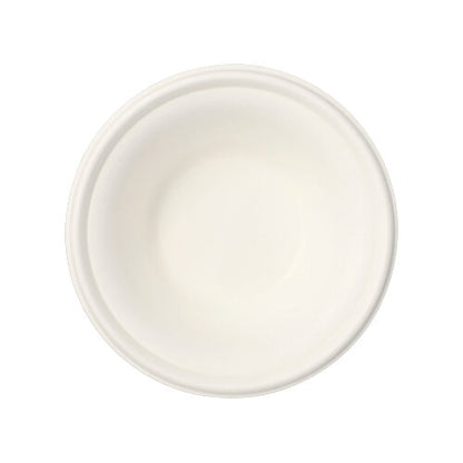 Les PAPSTAR 50 bols en canne à sucre blanche « pure » de PAPSTAR GmbH sont des bols jetables respectueux de l'environnement pour une consommation durable et visibles d'en haut sur un fond blanc.