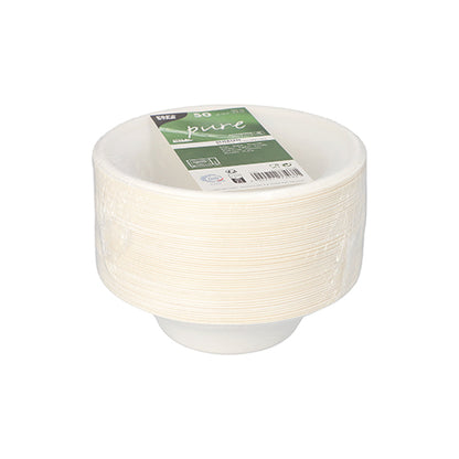Une pile de PAPSTAR 50 bols en canne à sucre durable, blanc, emballée individuellement dans du plastique, avec une étiquette vert-blanc PAPSTAR GmbH en haut pour les détails et la quantité.
