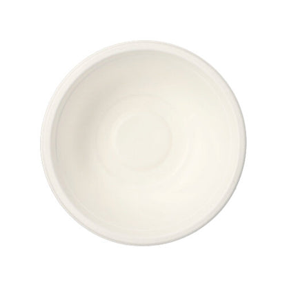 Un simple bol rond blanc vu d'en haut sur fond blanc, similaire aux PAPSTAR 50 bols en canne à sucre biodégradable « pure » blanc de PAPSTAR GmbH.
