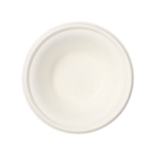 Un bol rond simple blanc de la collection « pure » (12 bols) de la PAPSTAR GmbH, fabriqué à partir de canne à sucre écologique, vu de dessus sur un fond blanc.