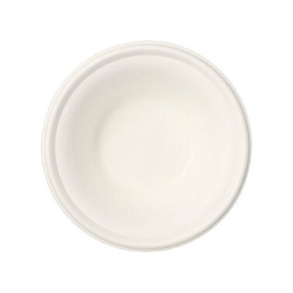 Un bol rond simple blanc de la collection « pure » (12 bols) de la PAPSTAR GmbH, fabriqué à partir de canne à sucre écologique, vu de dessus sur un fond blanc.