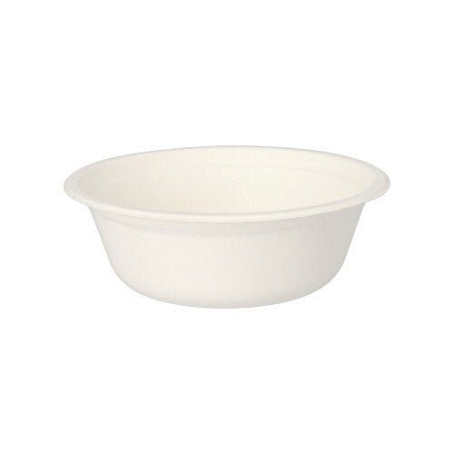 Un simple bol jetable rond blanc de la PAPSTAR GmbH, fabriqué à partir de bols en canne à sucre biodégradables ('pur') et vendu en paquet de 12 PAPSTAR 12 bols, photographié sur fond blanc.