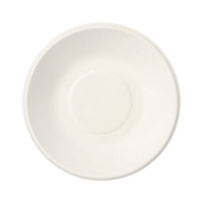 Un simple bol blanc PAPSTAR 12, canne à sucre « pure » de la PAPSTAR GmbH, vu de dessus avec une forme ronde simple et une dépression centrale - une alternative élégante et écologique à la vaisselle jetable.