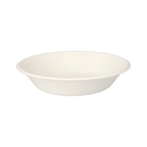 Les PAPSTAR 12 bols en canne à sucre « pure » de PAPSTAR GmbH sont visibles sur un fond blanc. La vaisselle jetable biodégradable séduit par son design simple et son bord légèrement surélevé.