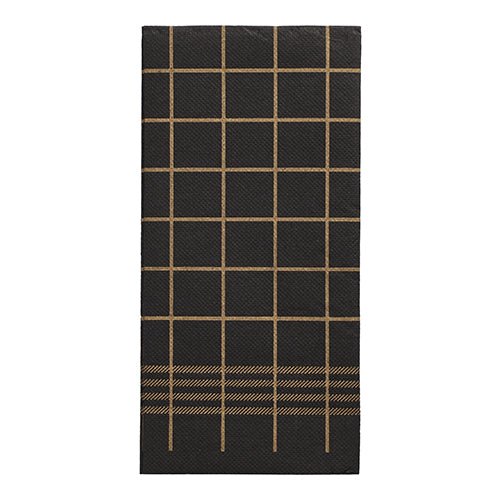Les 30 serviettes « PUNTO » à deux épaisseurs, pliées en 1/8, noires avec un motif de grille et de ruban dorés (39 x 40 cm) de la PAPSTAR Les serviettes GmbH font partie de la collection haut de gamme et présentent un micro-gaufrage de type torchon de cuisine.