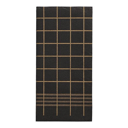 Les 30 serviettes « PUNTO » à deux épaisseurs, pliées en 1/8, noires avec un motif de grille et de ruban dorés (39 x 40 cm) de la PAPSTAR Les serviettes GmbH font partie de la collection haut de gamme et présentent un micro-gaufrage de type torchon de cuisine.