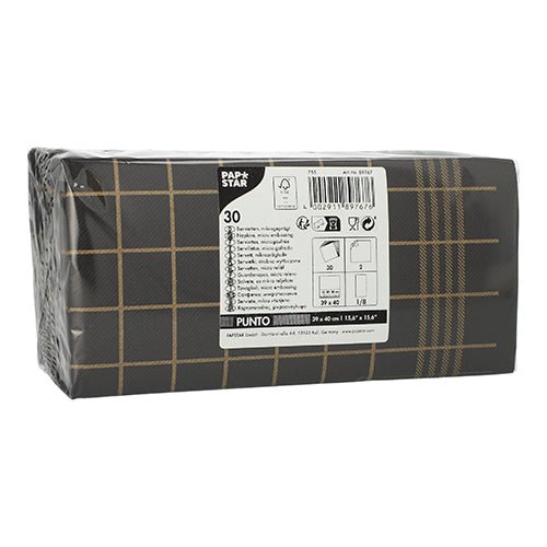 La rectangulaire PAPSTAR- Le paquet contient 30 serviettes de table double épaisseur « PUNTO » (39 x 40 cm, pliage 1/8, micro-gaufrées) au motif à carreaux noir et or, ainsi qu'une étiquette indiquant les consignes d'utilisation et d'élimination.
