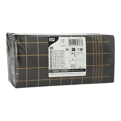 La rectangulaire PAPSTAR- Le paquet contient 30 serviettes de table double épaisseur « PUNTO » (39 x 40 cm, pliage 1/8, micro-gaufrées) au motif à carreaux noir et or, ainsi qu'une étiquette indiquant les consignes d'utilisation et d'élimination.