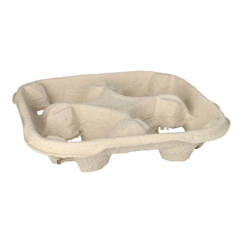 A PAPSTAR 110 Tragetabletts, Pappe „To Go“ natur (4,7 x 22,4 x 22,4 cm) Becherträger aus Pappe von PAPSTAR GmbH für umweltfreundlichen Transport mit 4 Becherplätzen und erhöhtem Rand auf weißem Hintergrund (110 Stück).