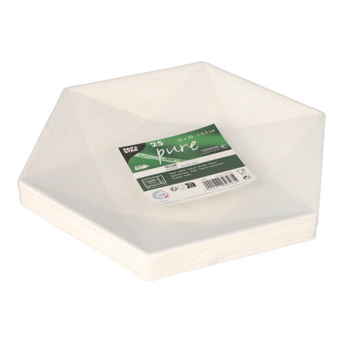 Une pile d'assiettes hexagonales blanches PAPSTAR en canne à sucre "pure" hexagonales (25 pièces, écologiques) de PAPSTAR GmbH, avec une étiquette verte et blanche avec des informations sur le produit et un code-barres sur le dessus.