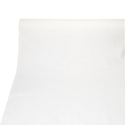 Une nappe de la PAPSTAR GmbH de la collection ROYAL (PV-Tissue Mix, 20 m x 1,18 m) est déroulée sur une surface plane, au premier plan, on peut voir sa structure lisse semblable à du tissu et ses bords droits.