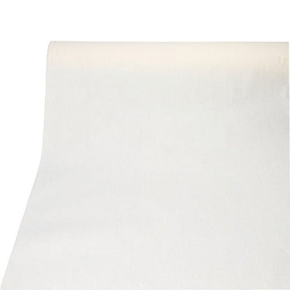 Un rouleau de nappe PAPSTAR, semblable à du tissu, PV-Tissue Mix « ROYAL Collection » (20 m x 1,18 m) de la PAPSTAR GmbH est déroulé en douceur sur une surface blanche avec un fond uni blanc vers le bas.
