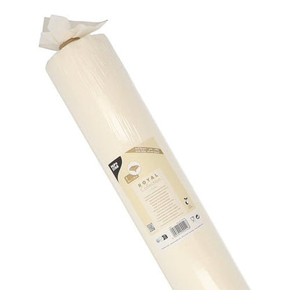 Une nappe PAPSTAR de 20 m x 1,18 m, couleur crème, semblable à du tissu PV-Tissue Mix de la collection ROYAL de la PAPSTAR GmbH, est enveloppée dans un film plastique et munie d'une étiquette en papier à une extrémité.