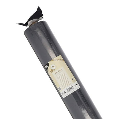 Un rouleau de nappe PAPSTAR, semblable à du tissu, PV-Tissue Mix « ROYAL Collection » (20 m x 1,18 m) de la PAPSTAR GmbH est emballé dans un emballage transparent avec une étiquette beige et blanche, le matériau noir est visible sur le dessus légèrement ouvert.