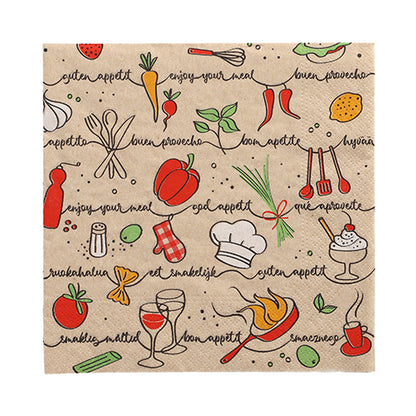 Die PAPSTAR 20 Servietten (33x33 cm, 3-lagig, 1/4 gefaltet, natur) der PAPSTAR GmbH sind mit bunten Food- und Küchenillustrationen und fröhlichen Sprüchen wie "Guten Appetit" und "Guten Appetit" versehen.