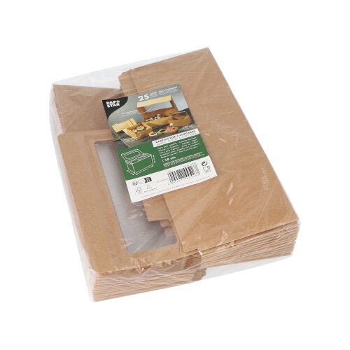 Un paquet emballé dans du plastique de 25 boîtes à cupcakes carrées de PAPSTAR 10 cm avec fenêtre en PLA de PAPSTAR GmbH, avec une étiquette supérieure montrant les boîtes assemblées, les détails du produit et les symboles de recyclage.