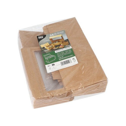 Un paquet emballé dans du plastique de 25 boîtes à cupcakes carrées de PAPSTAR 10 cm avec fenêtre en PLA de PAPSTAR GmbH, avec une étiquette supérieure montrant les boîtes assemblées, les détails du produit et les symboles de recyclage.