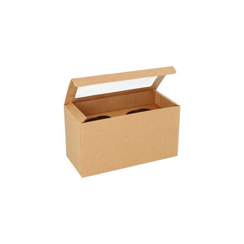 Une boîte à cupcakes carrée de 25 PAPSTAR 10 cm avec fenêtre en PLA de PAPSTAR GmbH est ouverte sur fond blanc et montre deux compartiments ronds à l'intérieur.