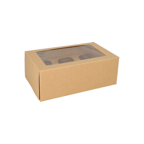 Der PAPSTAR 25 Cupcake-Karton (eckig, 10 cm) von PAPSTAR GmbH besteht aus brauner Pappe, ist biologisch abbaubar und verfügt über ein klares PLA-Sichtfenster auf der Oberseite. Der Karton steht auf weißem Hintergrund.