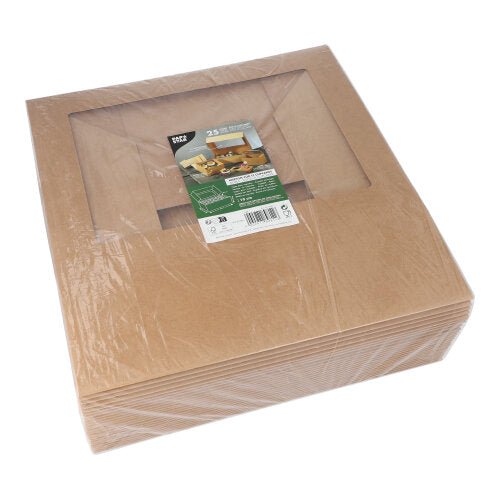 Une pile de boîtes à cupcakes carrées de 25 PAPSTAR 10 cm avec fenêtre en PLA de PAPSTAR GmbH est emballée dans du plastique ; un label de produit avec images et texte est posé dessus.