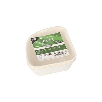Une pile de quatre bols en canne à sucre blancs PAPSTAR « pure » Belle Vie, Ligne Carrée avec une étiquette vert-blanc contenant des informations sur le produit et des symboles de recyclage. Les bols biodégradables proviennent de la PAPSTAR GmbH et sont fabriqués à base de plantes.