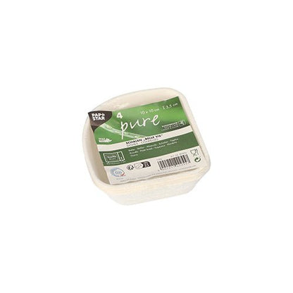 Une pile de quatre bols jetables carrés et blancs PAPSTAR 4 bols, canne à sucre « pure » blanc « Belle Vie, Ligne Carrée » de la PAPSTAR GmbH avec une étiquette vert-blanc indiquant biodégradable et des symboles de certification.