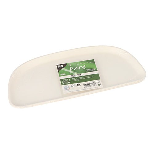 Une assiette PAPSTAR 4 blanche et rectangulaire en canne à sucre « pure » Belle Vie, Ligne Carrée avec des bords incurvés et une étiquette verte et blanche portant la mention « écologique, biodégradable » de la PAPSTAR GmbH.
