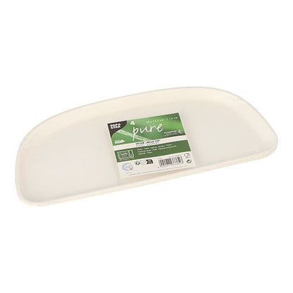 Une assiette PAPSTAR 4 blanche et rectangulaire en canne à sucre « pure » Belle Vie, Ligne Carrée avec des bords incurvés et une étiquette verte et blanche portant la mention « écologique, biodégradable » de la PAPSTAR GmbH.