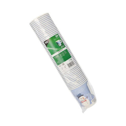 Pack de 50 gobelets en carton jetables PAPSTAR GmbH avec anse, diamètre de 8 cm, design "Bonhomme de neige" - un bonhomme de neige avec un bonnet et une écharpe bleus. Ensemble emballé en plastique, parfait pour les boissons festives.