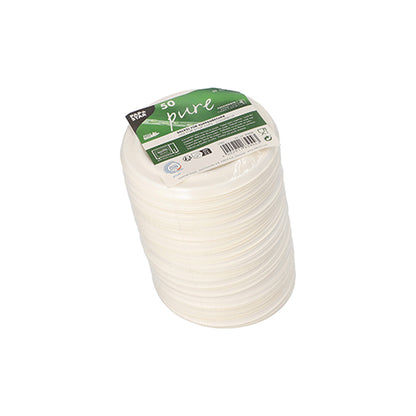 Ein Stapel von 50 weißen „reinen“ Zuckerrohrdeckeln für Suppenbecher der PAPSTAR GmbH, in Folie eingewickelt mit Produktdetails und Recyclingsymbolen.