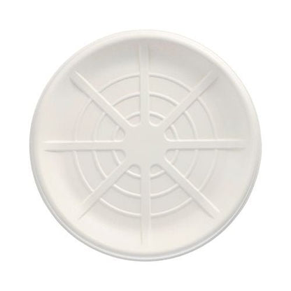 Une assiette ronde, écologique et blanche PAPSTAR 25 plateaux de service, canne à sucre « pure » de la PAPSTAR GmbH avec des rainures en forme d'étoile en relief et des cercles concentriques sur la surface, vue d'en haut sur un fond blanc.