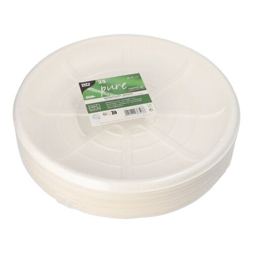 Une pile de PAPSTAR 25 plateaux de service en canne à sucre « pure », ronds, en blanc, de PAPSTAR GmbH – plateaux jetables biodégradables, emballés dans un film avec une étiquette vert-blanc, idéaux pour des événements écologiques.