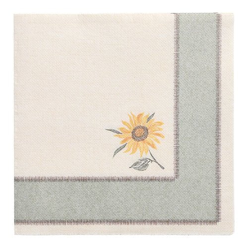 Les PAPSTAR 50 serviettes "ROYAL Collection" 1/4 plié 40x40 cm de la PAPSTAR GmbH sont des serviettes crème avec une large bordure vert clair et un tournesol brodé - une touche élégante pour toute table dressée.