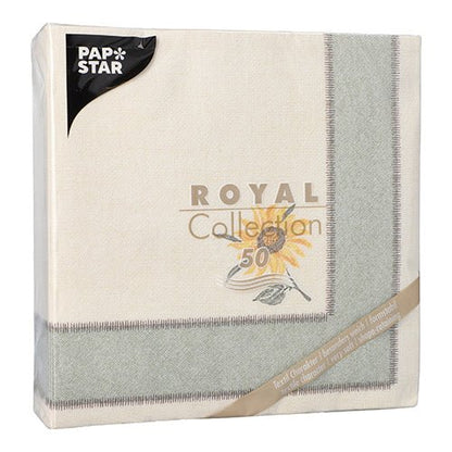 Les PAPSTAR 50 serviettes "ROYAL Collection" 1/4 plié 40 x 40 cm présentent un motif de tournesol sur fond crème avec une bordure grise, comme illustré sur l'étiquette. Marque : PAPSTAR GmbH.