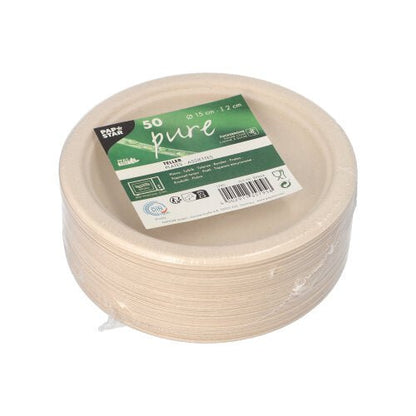 PAPSTAR 50 assiettes, canne à sucre "pure" de PAPSTAR GmbH : assiettes jetables de 15 cm en canne à sucre, écologiques, emballées dans du plastique avec une étiquette verte et blanche - partie d'une ligne de produits conscients.