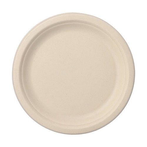 Le PAPSTAR 50 assiettes, canne à sucre "pure" de la PAPSTAR GmbH est une simple assiette ronde beige avec un bord légèrement surélevé, représentée de dessus sur fond blanc.