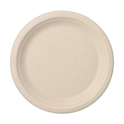 Le PAPSTAR 50 assiettes, canne à sucre "pure" de la PAPSTAR GmbH est une simple assiette ronde beige avec un bord légèrement surélevé, représentée de dessus sur fond blanc.