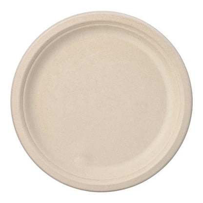 Un simple plat rond PAPSTAR 50 assiettes en canne à sucre "pure" de la PAPSTAR GmbH, fabriqué à partir de matériaux compostables. Il est beige avec un bord légèrement surélevé, non décoré et illustré de dessus sur fond blanc.