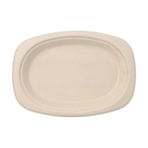 Le PAPSTAR GmbH 50 assiettes, canne à sucre « pure » est une assiette beige simple, rectangulaire avec des bords arrondis et un bord surélevé - une option de vaisselle jetable écologique pour un service durable.