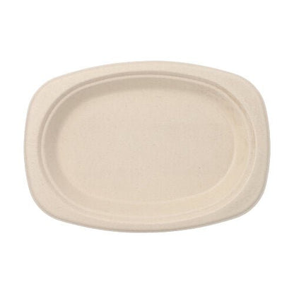 Le PAPSTAR GmbH 50 assiettes, canne à sucre « pure » est une assiette beige simple, rectangulaire avec des bords arrondis et un bord surélevé - une option de vaisselle jetable écologique pour un service durable.