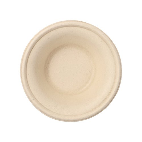 Un simple bol rond PAPSTAR en bagasse "pure", Ø 15,5 cm, naturel, 380 ml de PAPSTAR GmbH en vue de dessus. Le bol biodégradable se distingue par un design lisse et simple avec des bords légèrement surélevés et sans décorations visibles.