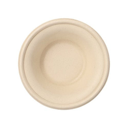 Un simple bol rond PAPSTAR en bagasse "pure", Ø 15,5 cm, naturel, 380 ml de PAPSTAR GmbH en vue de dessus. Le bol biodégradable se distingue par un design lisse et simple avec des bords légèrement surélevés et sans décorations visibles.
