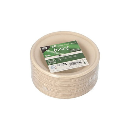 Une pile de bols ronds PAPSTAR en bagasse "pure", Ø 15,5 cm, naturel, 380 ml (50 pièces) de PAPSTAR GmbH, biodégradables et emballés sous film rétractable. L'étiquette supérieure vert-blanc montre des détails, logos et code-barres.