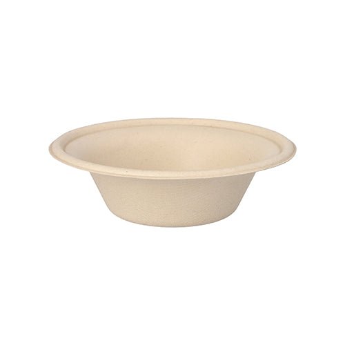 Le bol rond naturel PAPSTAR en bagasse "pure" (Ø 15,5 cm, 380 ml) de PAPSTAR GmbH est illustré en vue latérale sur fond blanc. Le bol jetable biodégradable est livré en paquet de 50.