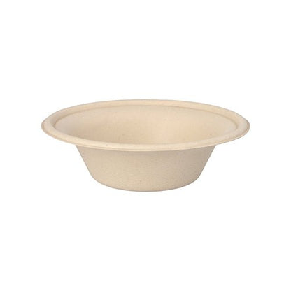 Le bol rond naturel PAPSTAR en bagasse "pure" (Ø 15,5 cm, 380 ml) de PAPSTAR GmbH est illustré en vue latérale sur fond blanc. Le bol jetable biodégradable est livré en paquet de 50.