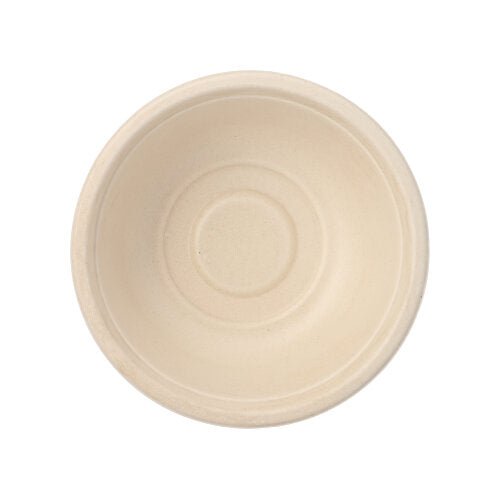 Vue de dessus d'un bol rond beige vide PAPSTAR 12, canne à sucre « pure » de la PAPSTAR GmbH, fabriqué à partir de canne à sucre écologique avec un bord légèrement surélevé et des motifs circulaires à l'intérieur.
