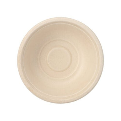 Vue de dessus d'un bol rond beige vide PAPSTAR 12, canne à sucre « pure » de la PAPSTAR GmbH, fabriqué à partir de canne à sucre écologique avec un bord légèrement surélevé et des motifs circulaires à l'intérieur.
