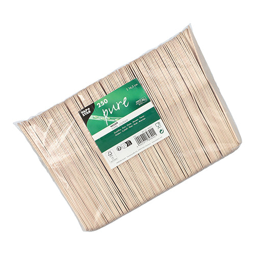 250 pièces PAPSTAR couteau en bois "pur", 16,5 cm, écologique et stable de la PAPSTAR GmbH, avec une étiquette vert-blanc avec des informations sur le produit et un code-barres sur le devant.