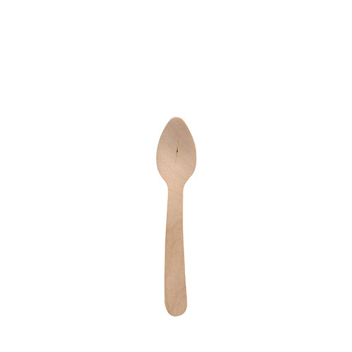 Une seule cuillère à café en bois PAPSTAR "pure", 11 cm, écologique et stable de PAPSTAR GmbH, repose sur un fond blanc simple. La cuillère biodégradable a un design simple avec un manche rond et un bol plat.