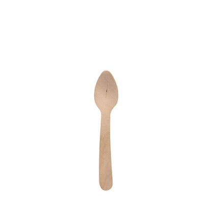 Une seule cuillère à café en bois PAPSTAR "pure", 11 cm, écologique et stable de PAPSTAR GmbH, repose sur un fond blanc simple. La cuillère biodégradable a un design simple avec un manche rond et un bol plat.